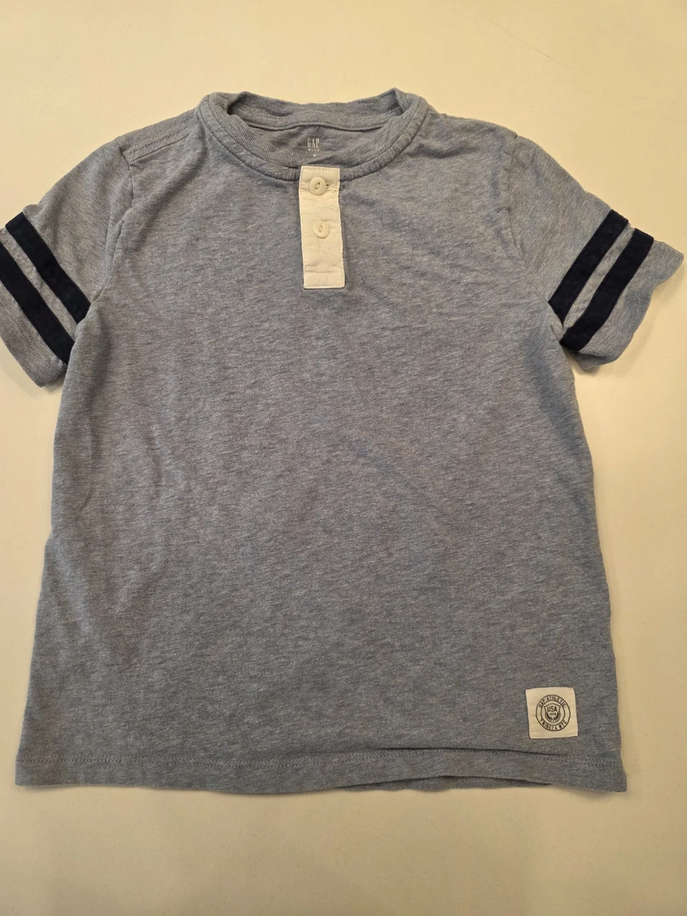 GAP Light Blue Henley Tee with Navy Sleeve Stripes